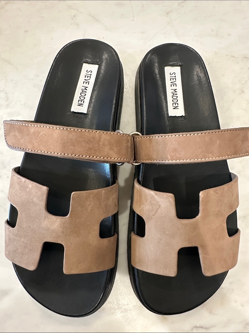 Steve Madden Tan & Black Double-Strap Slide Sandals